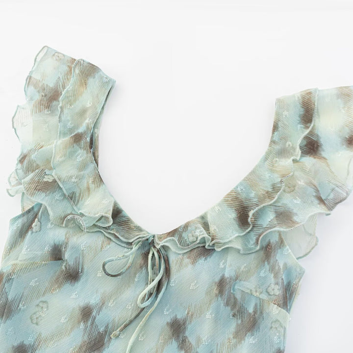 Damen Maxikleid mit feinen Rüschendetails und eleganten Bindebändern Drune