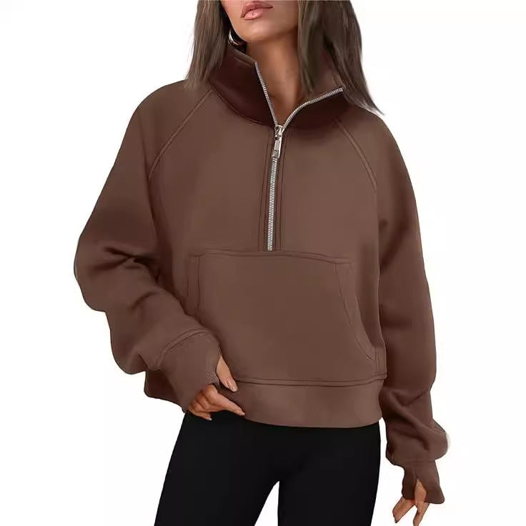 Damen nan verkürztes Oversize-Fleece-Sweat mit halbem Reißverschluss, Stehkragen, Kängurutasche und Daumenlochbündchen Drune