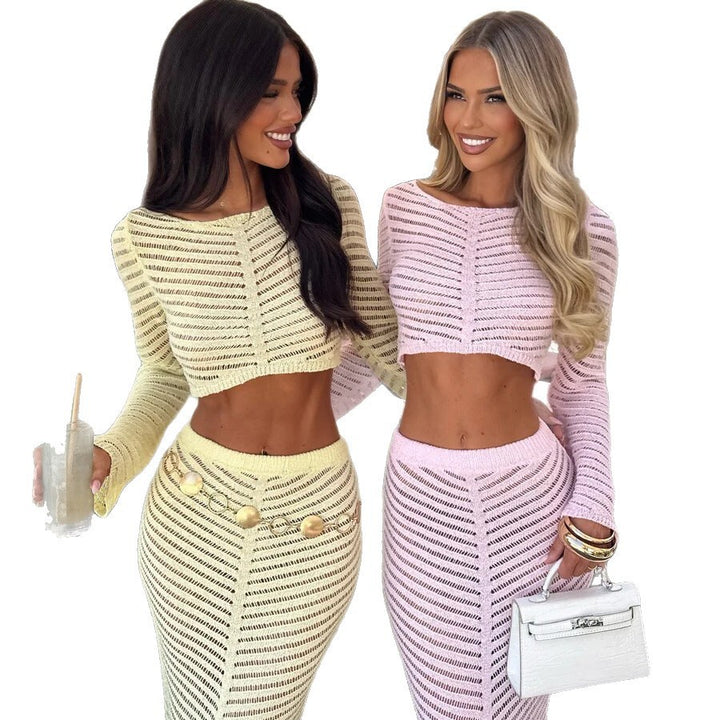 Damen elegantes gehäkeltes Set mit langärmligem Crop-Top und figurbetonendem Rock Drune
