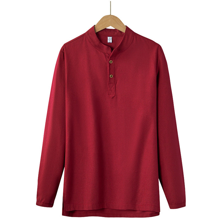 Herren nan langärmeliges Henley-Shirt mit Stehkragen und verdeckter Knopfleiste aus Baumwollmix Drune