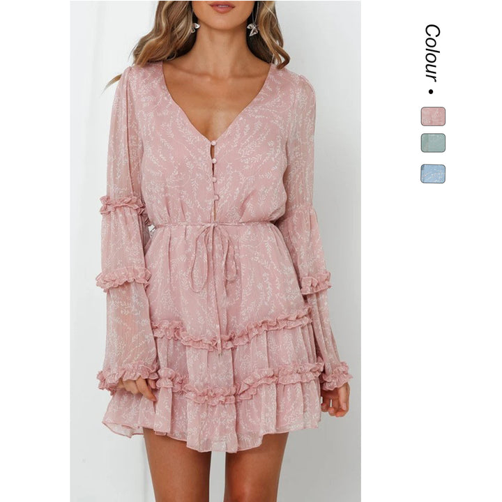 Damen Rüschenkleid mit langem, transparentem Ärmel und Bindegürtel Drune