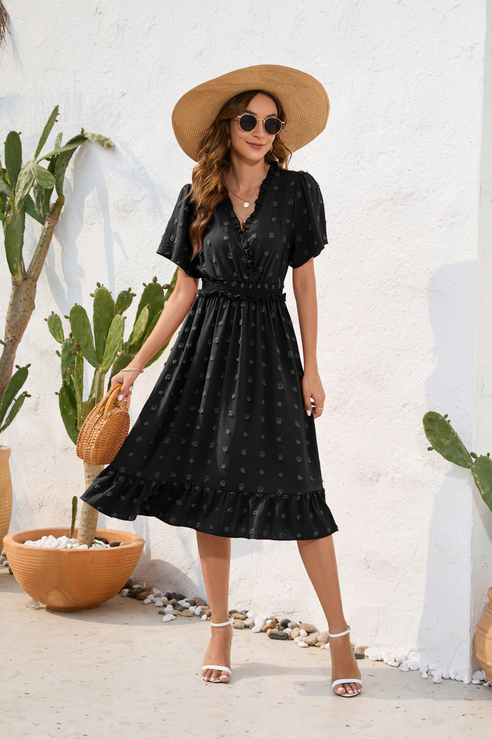 Damen Midikleid mit raffiniertem V-Ausschnitt, elastischem Taillenzug und fließendem Rock Drune