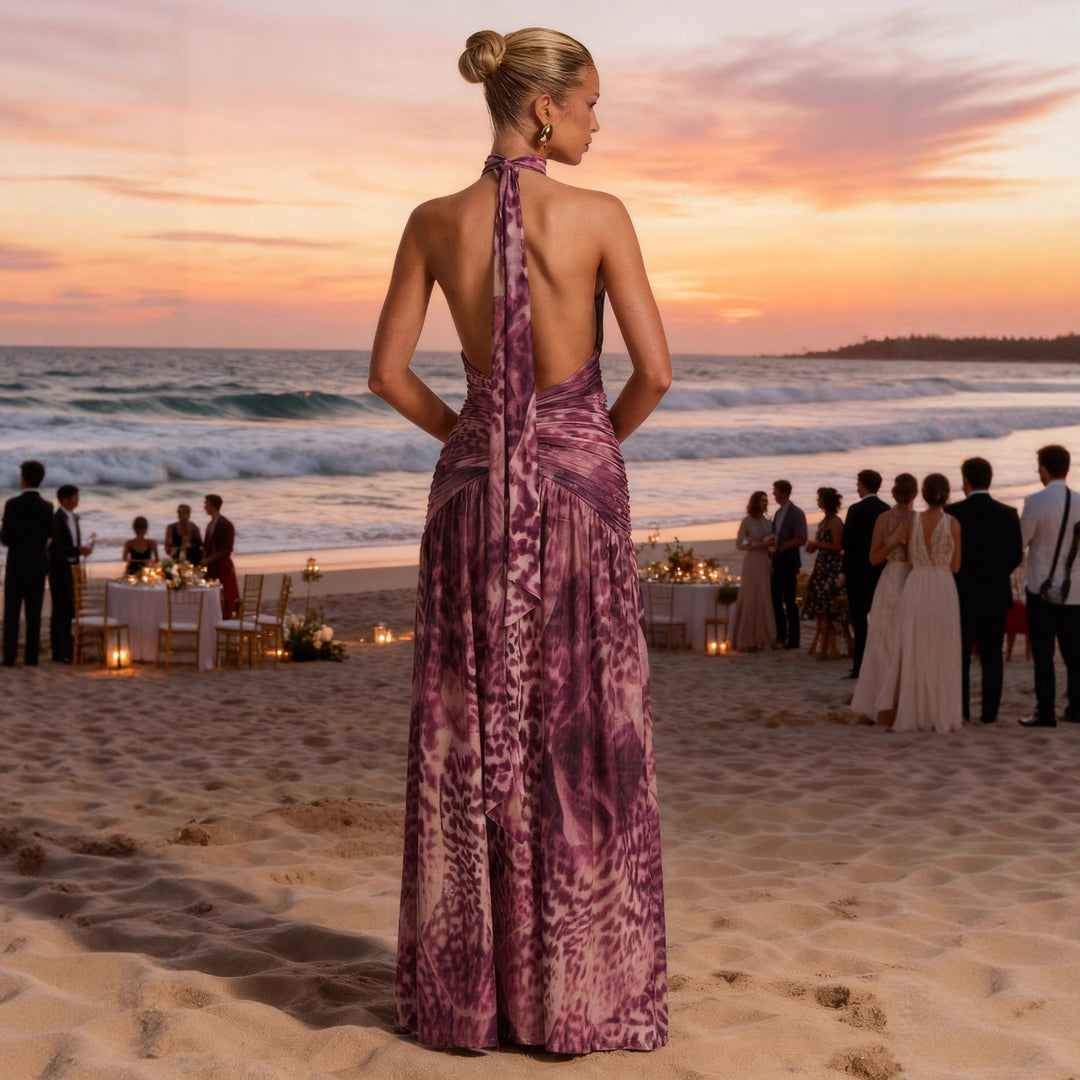 Damen Elegantes Maxikleid mit tiefem V-Ausschnitt und raffinierten Raffungselementen Drune