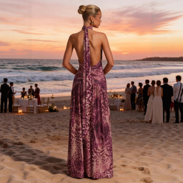 Damen Elegantes Maxikleid mit tiefem V-Ausschnitt und raffinierten Raffungselementen Drune