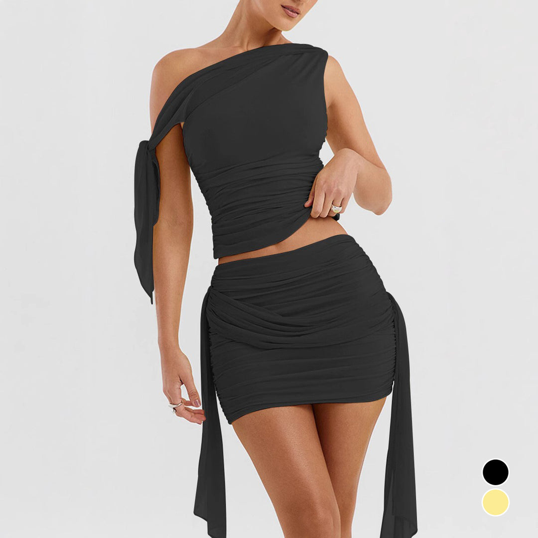 Damen Set aus schulterfreier Bluse und Mini-Rock mit Raffung Drune