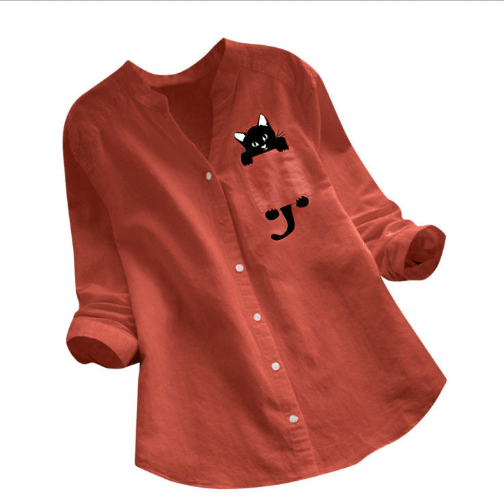 Damen trendige Bluse mit lustigem Katzenmotiv Drune