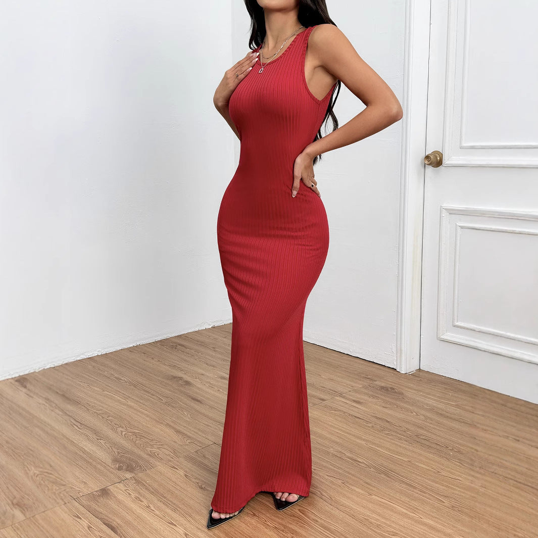 Damen figurbetontes Ripp-Maxi-Kleid mit edlem Rundhalsausschnitt Drune
