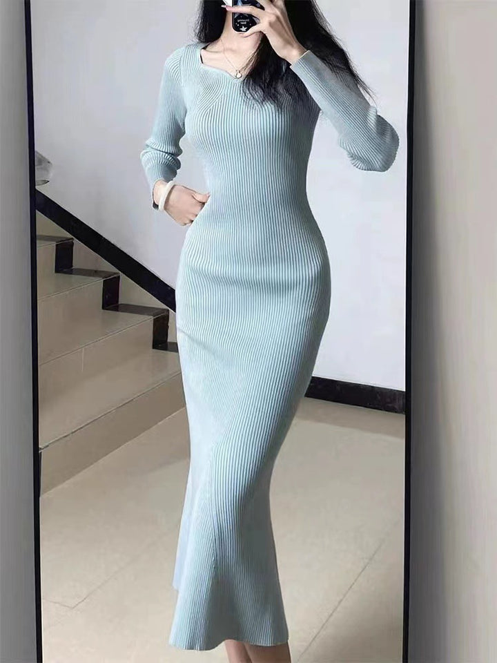 Damen_maximaler_Rippenstrick_Midi-Kleid_Drune