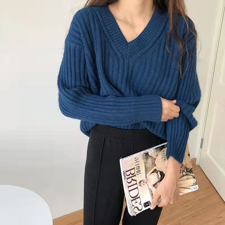 Damen V-Ausschnitt Pullover mit Rippstruktur Drune