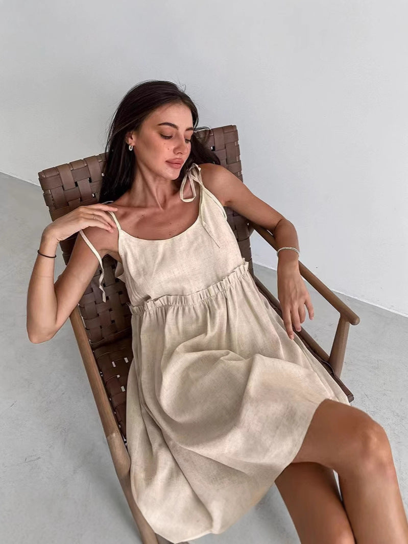 Damen lässiges Spaghettiträger-Kleid mit elastischem Bund und dekorativen Schleifen Drune