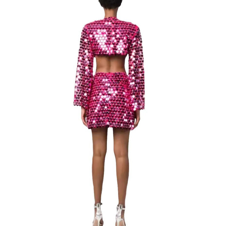 Damen modisches Minikleid mit durchsichtigen Ärmeln und Paillettenbesatz Drune