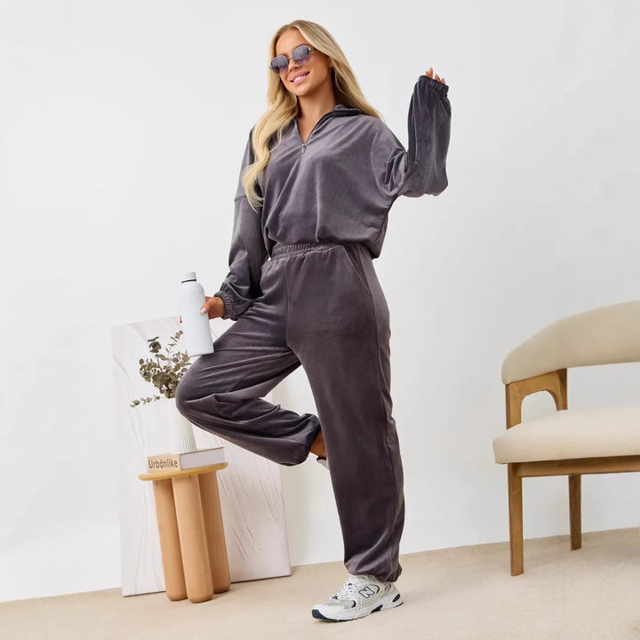 Damen Fleece-Loungewear-Anzug mit Reißverschluss und elastischem Bündchen Drune