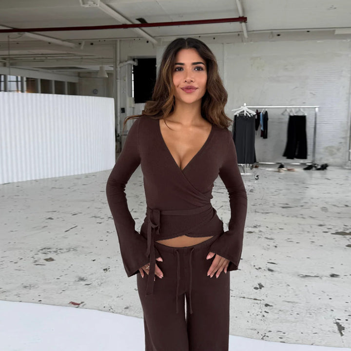 Damen lockerer Jumpsuit mit Wickeldesign und langen Ärmeln Drune