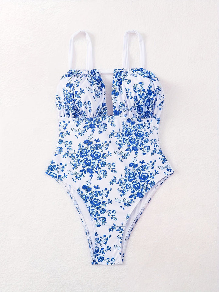 Damen Einteiliger Badeanzug mit floralem Design und tiefem V-Ausschnitt Drune