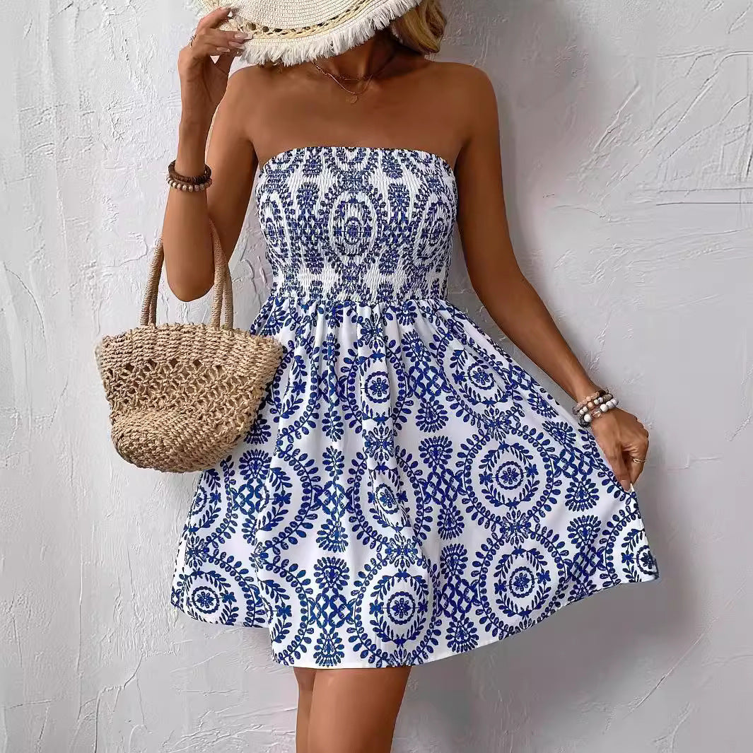 Damen nan schulterfreies Sommerkleid mit Smokoberteil und ausgestelltem Tellerrock Drune