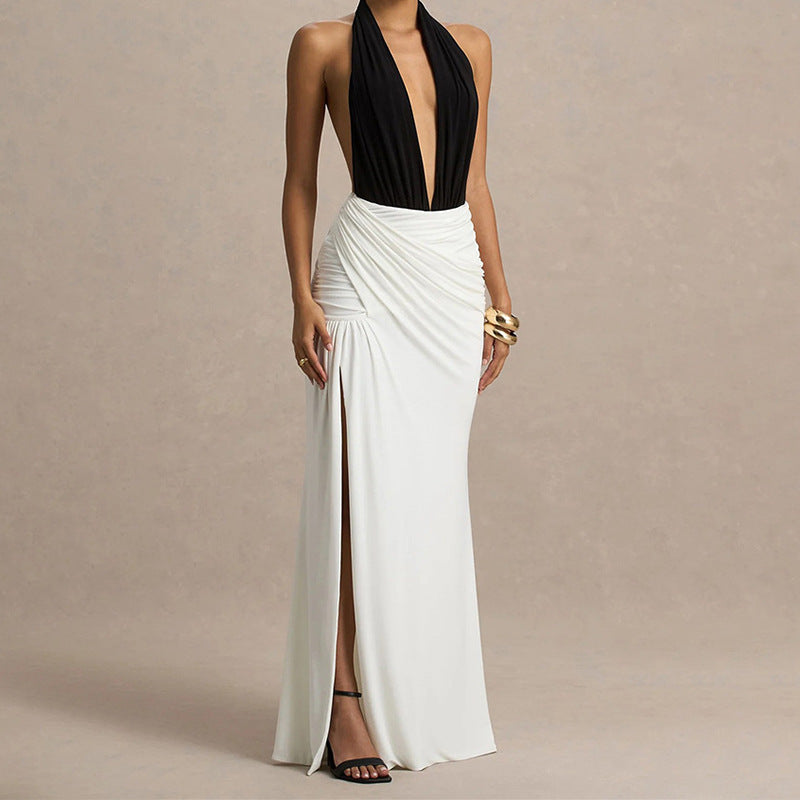 Damen Elegantes Maxikleid mit tiefem V-Ausschnitt und gerafftem Rock Drune