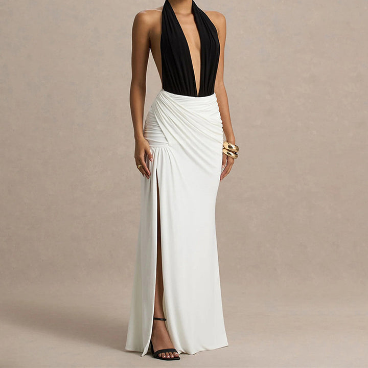 Damen Elegantes Maxikleid mit tiefem V-Ausschnitt und gerafftem Rock Drune