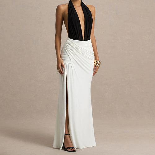 Damen Elegantes Maxikleid mit tiefem V-Ausschnitt und gerafftem Rock Drune
