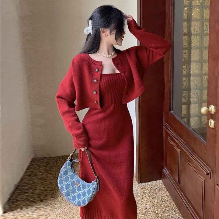 Damen Strickkleid mit passendem Cardigan und Knopfdesign Drune