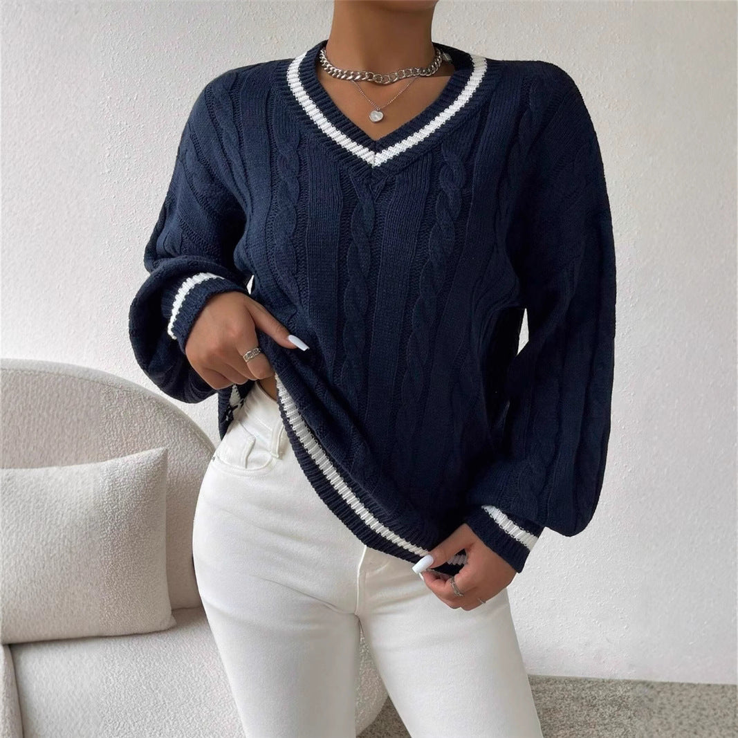 Damen Strickpullover mit modischem V-Ausschnitt und elegantem Zopfmuster Drune