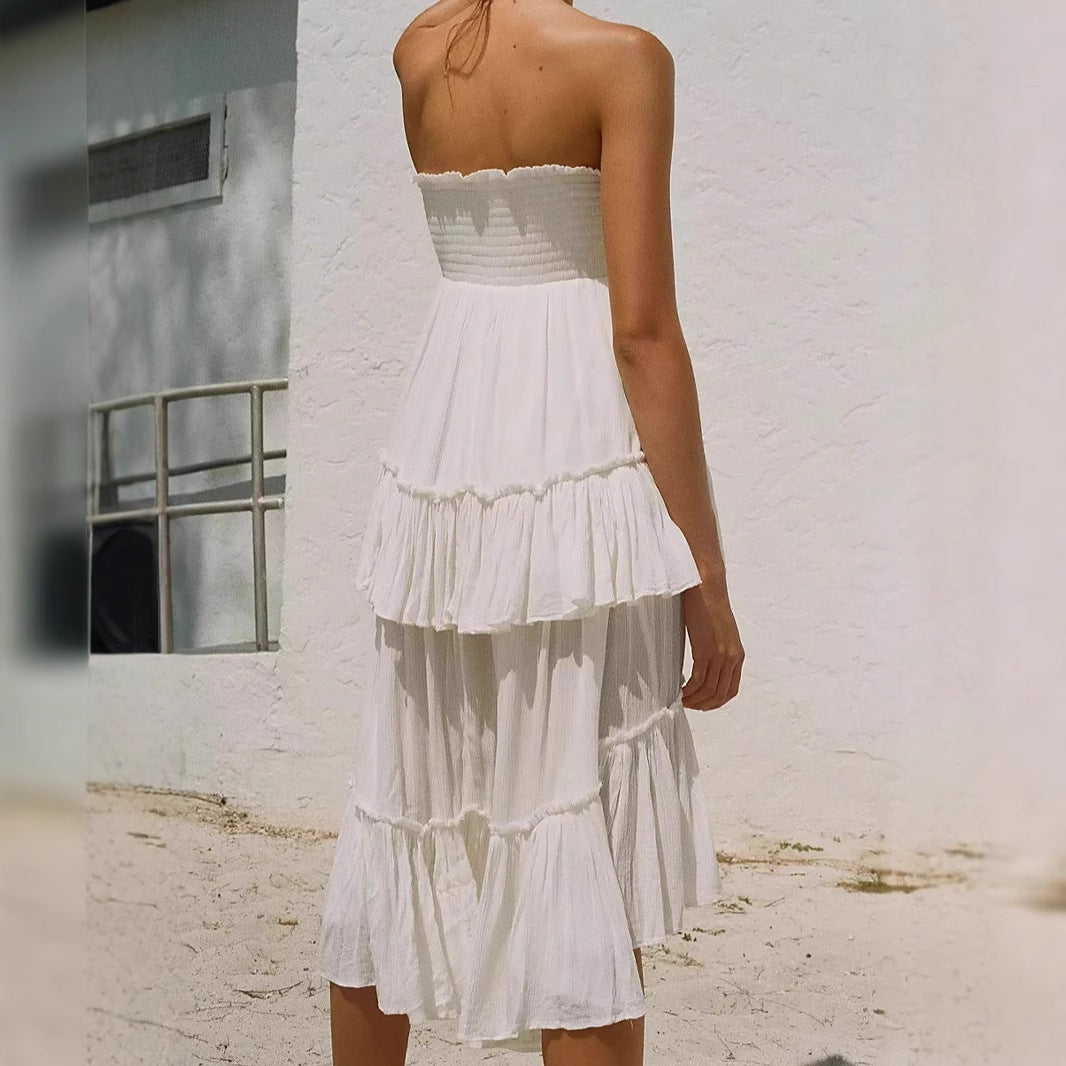 Damen fließendes Sommerkleid mit voluminösen Rüschen Drune