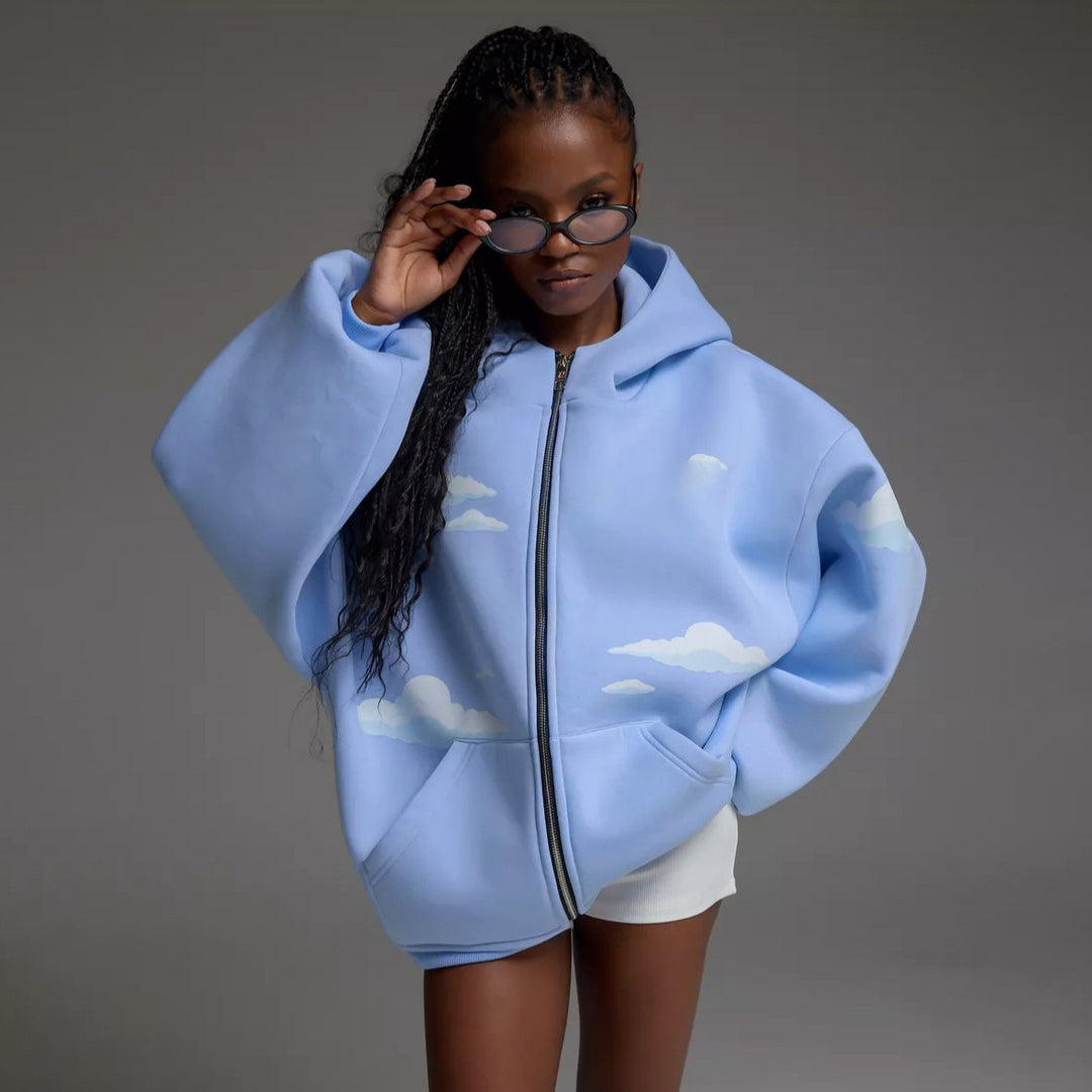 Damen Oversized Kapuzenjacke mit luftigen Wolkenmotiven Drune
