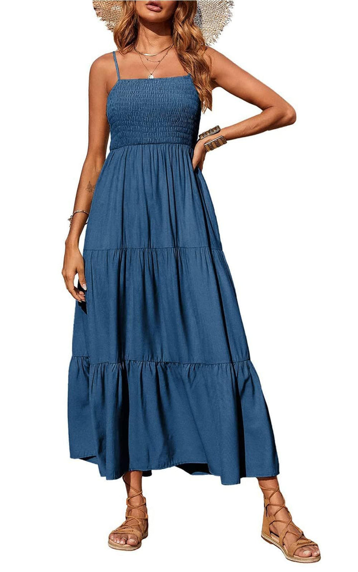 Damen Maxikleid mit verstellbaren Trägern und Rüschen Drune