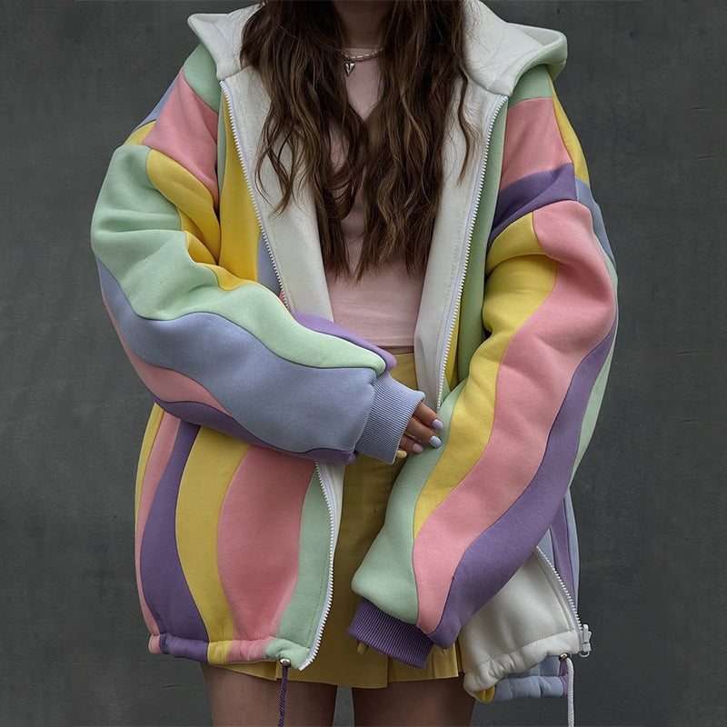 Damen Oversized Kapuzenjacke mit farbenfrohem Wellenmuster Drune
