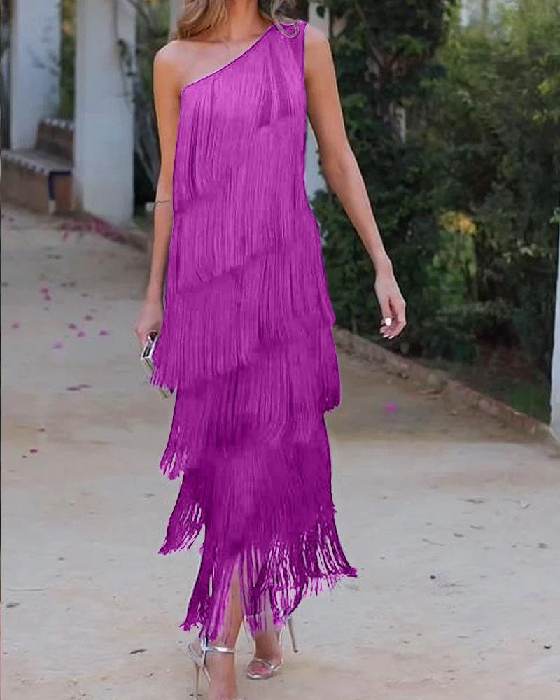 Damen Fransen Maxikleid mit asymmetrischem Schnitt und elegantem Detail Drune