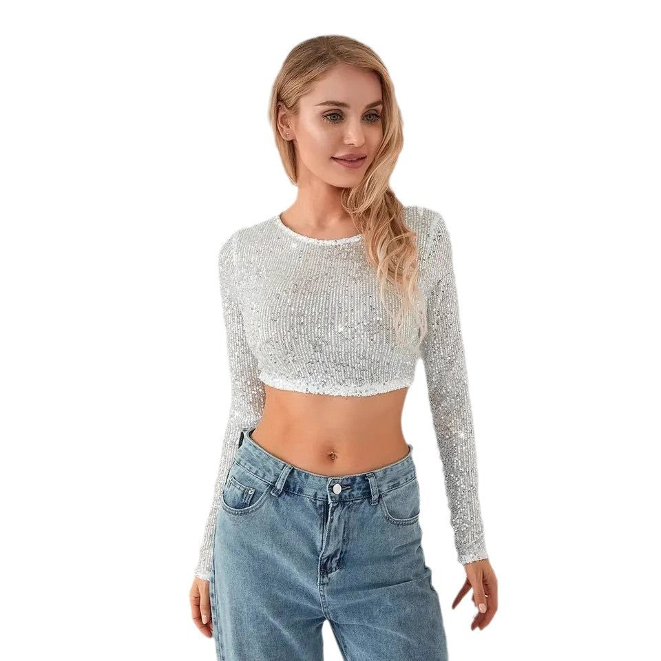 Damen Glitzerndes Crop-Top mit langen Ärmeln und figurbetontem Schnitt Drune