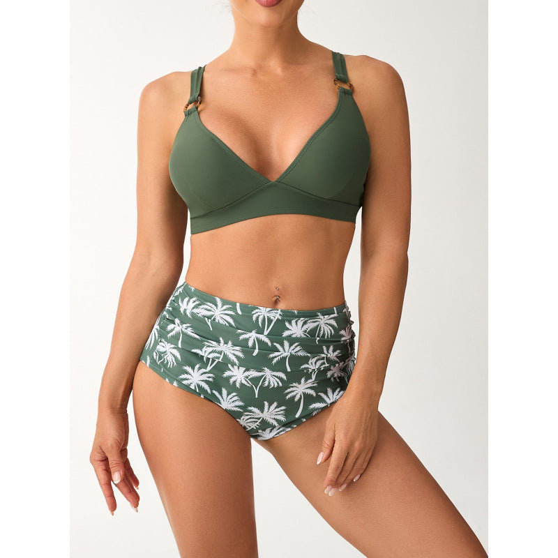 Damen Bikini-Set mit hohem Bund und modischem Palmendruck Drune
