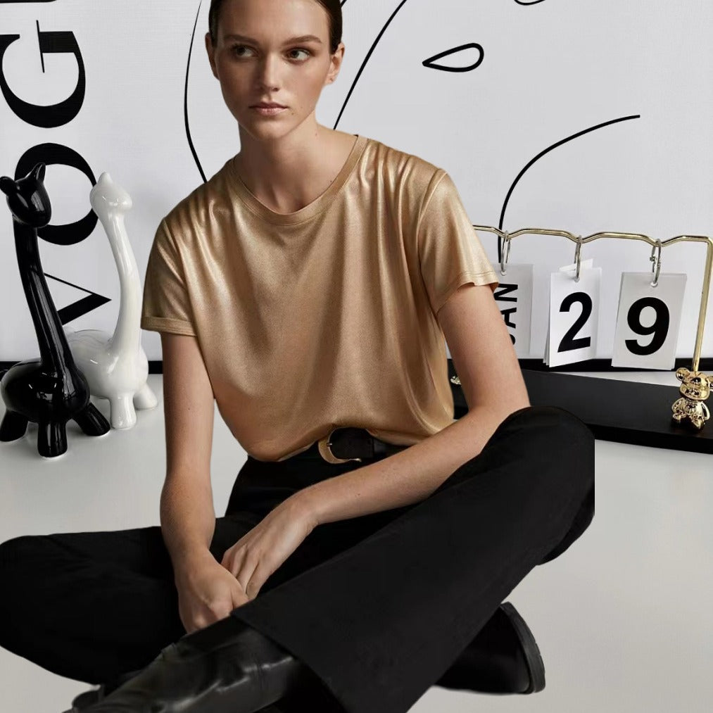 Damen Elegantes glänzendes T-Shirt mit Rundhalsausschnitt und lockerer Passform Drune