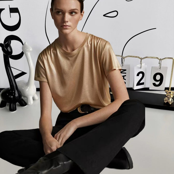 Damen Elegantes glänzendes T-Shirt mit Rundhalsausschnitt und lockerer Passform Drune