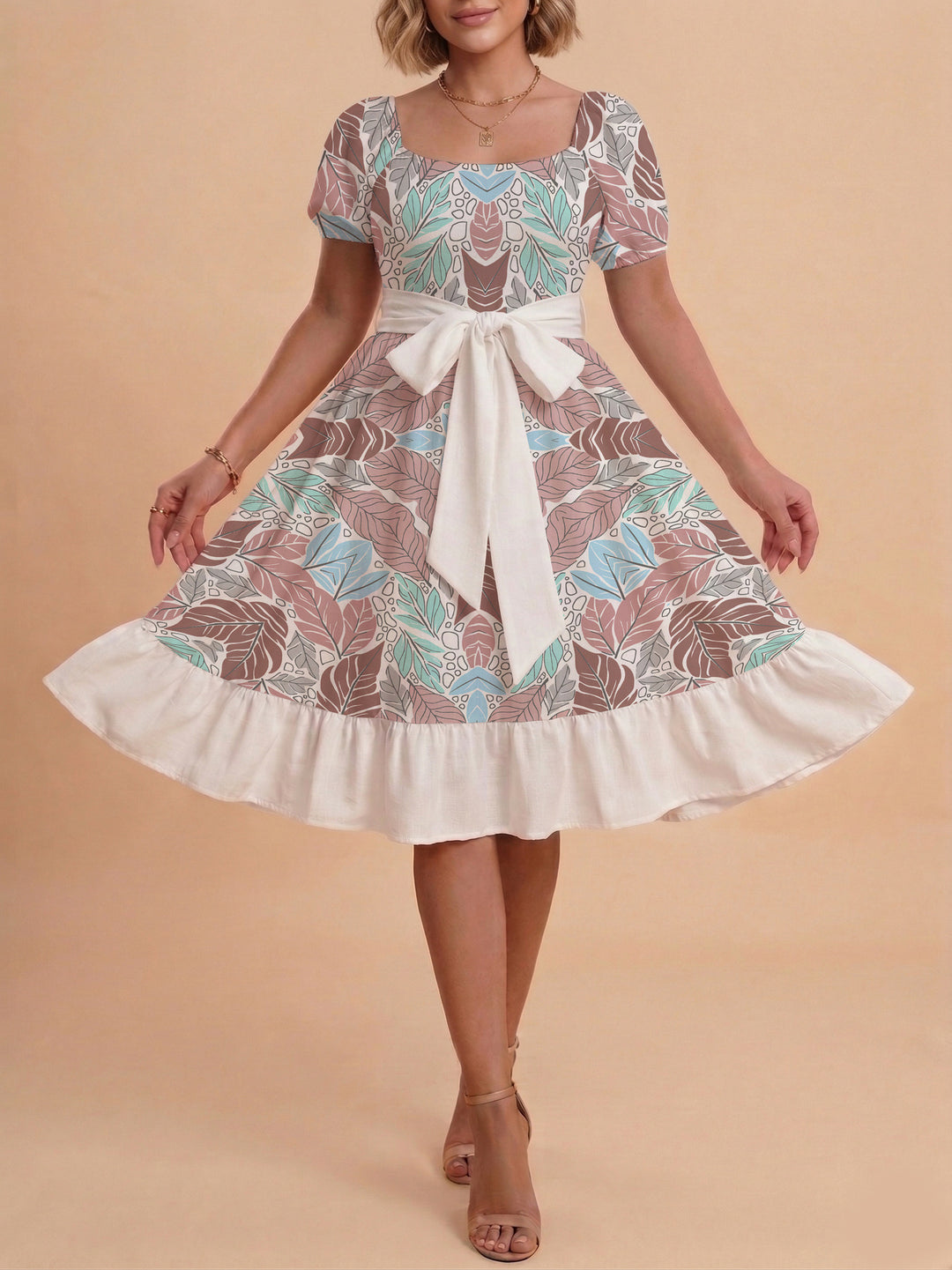 Damen elegantes Maxikleid mit floralem Design und Taillengürtel Drune
