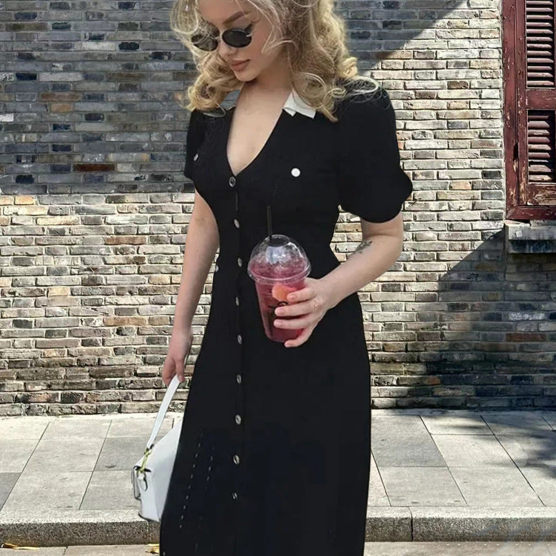 Damen Midi-Kleid mit Knopfleiste und kontrastierendem Kragen Drune