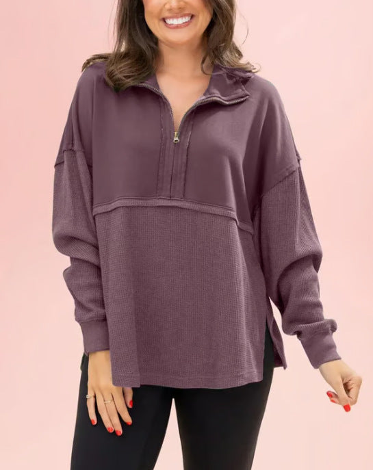 Damen lässiger Pullover mit halbem Reißverschluss und voluminösen Ärmeln Drune