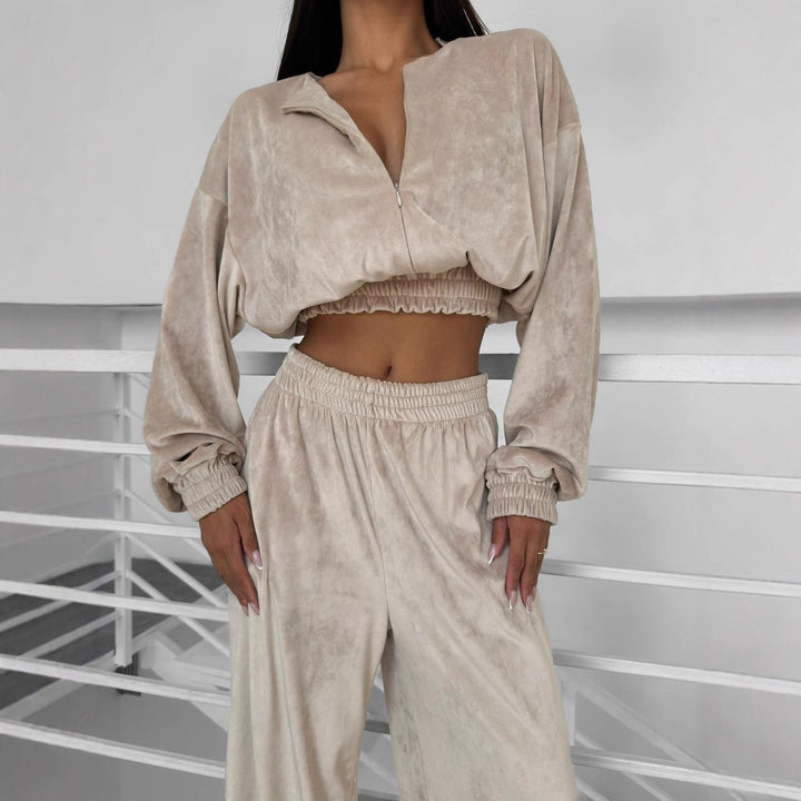Damen cropped Fleece-Jogginganzug mit hohem Bund und elastischen Bündchen Drune
