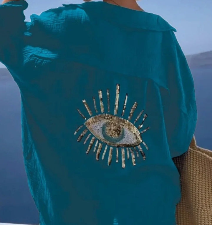 Damen lässige Bluse mit einzigartigem Augenmotiv und gestickten Akzenten Drune