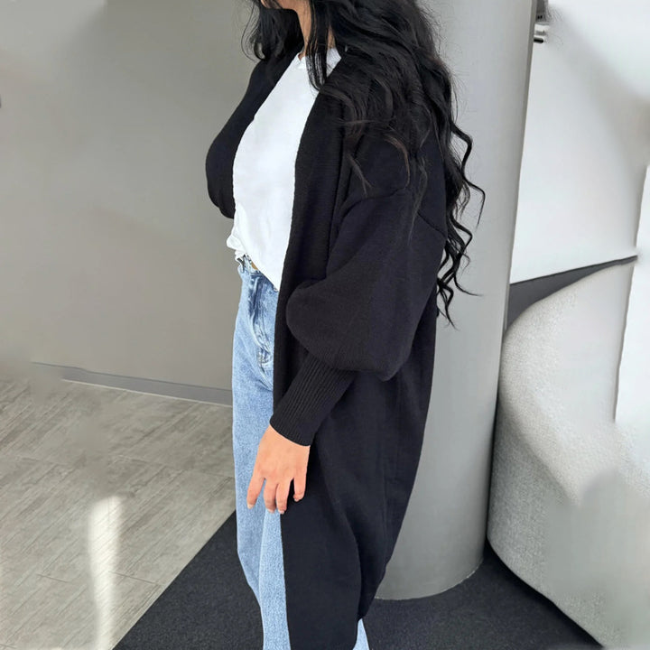 Damen elegante Strickjacke mit voluminösen Ärmeln und praktischen Taschen Drune