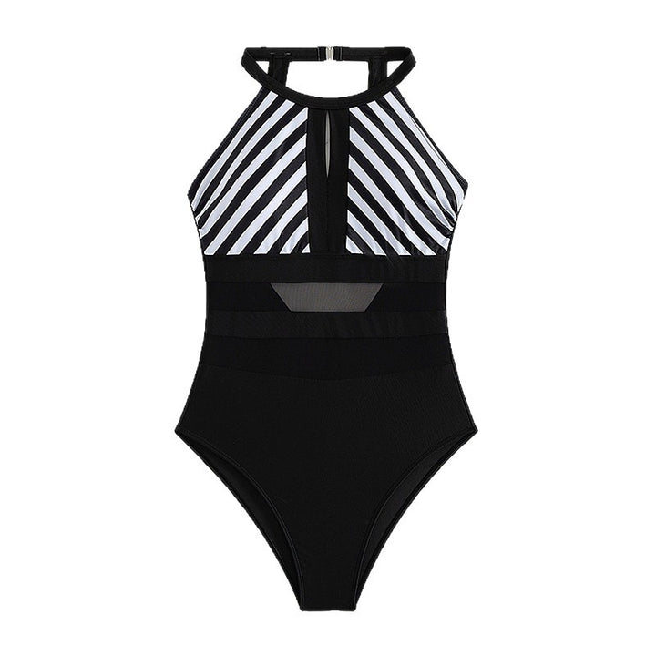 Damen Sportlicher Einteiler Badeanzug mit Netzdetails Drune