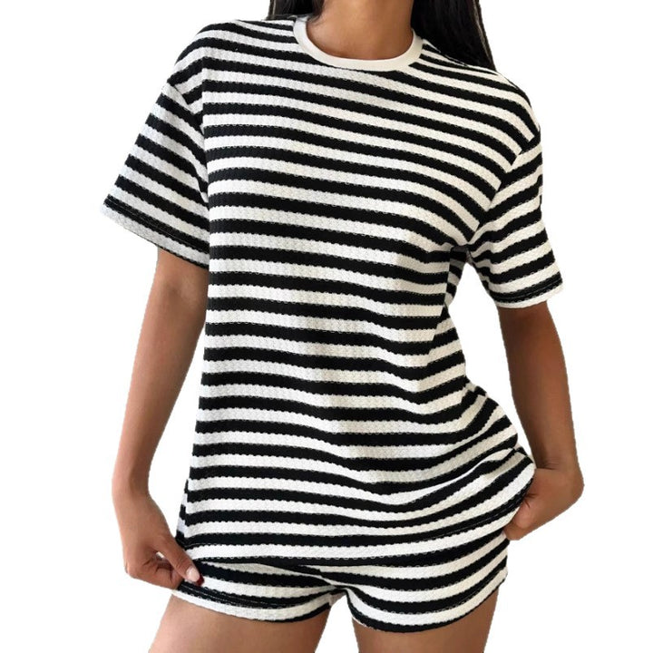 Damen lässiges gestreiftes T-Shirt mit hochwertiger Struktur Drune