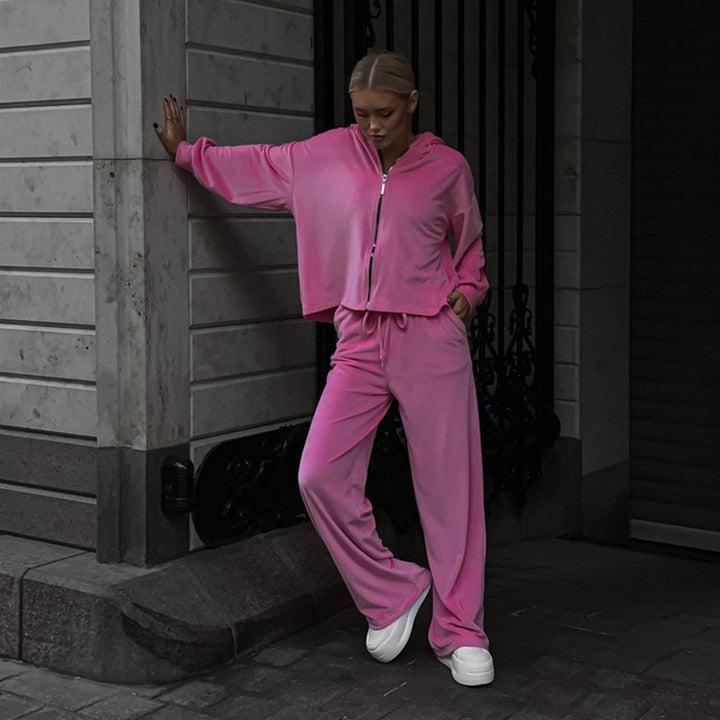 Damen nan luxuriöses Velours-Zweiteiler Set mit kurzem Reißverschluss-Hoodie und weiten Highwaist-Loungehosen Drune