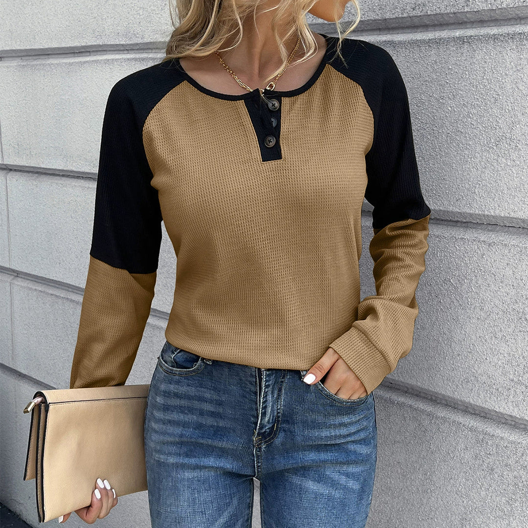 Drune | Langarm T-Shirt Waffelstrick Knopfverschluss Raglanärmel Lockere Passform