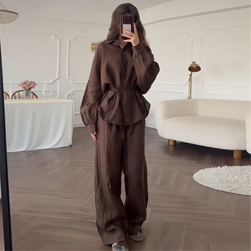 Damen lässiges Leinen-Loungewear-Set mit taillierter Bluse und weiten Hosen Drune
