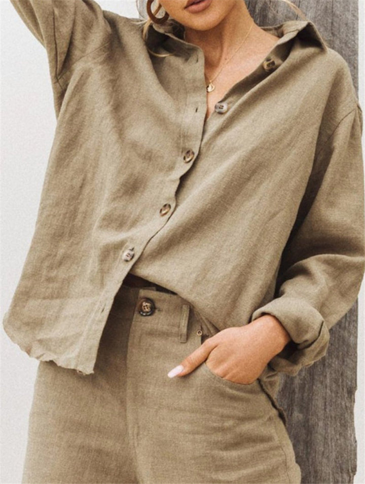 Damen lässige Leinenbluse mit Knopfdetail Drune