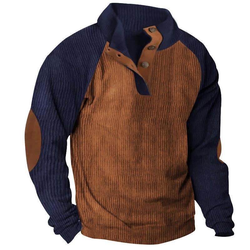 Herren nan strukturiertes Henley-Sweatshirt mit Stehkragen, Raglanärmeln und Ellbogenpatches Drune