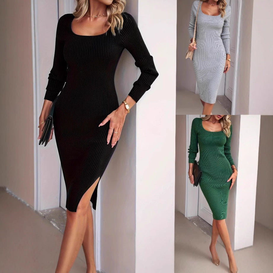 Damen Figurbetontes Rippkleid mit langem Arm Drune