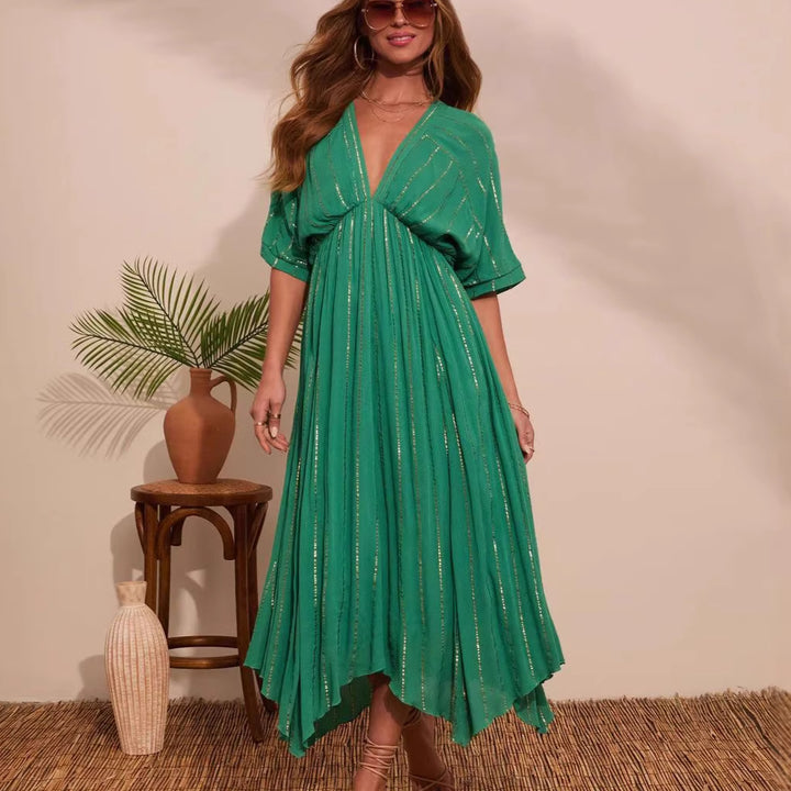 Damen Maxi-Kleid mit hochgeschlossenem V-Ausschnitt und fließendem Faltenwurf Drune