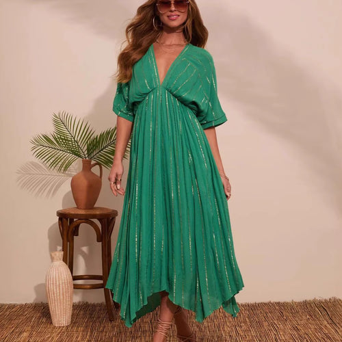 Damen Maxi-Kleid mit hochgeschlossenem V-Ausschnitt und fließendem Faltenwurf Drune