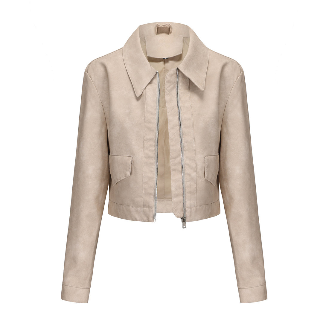 Damen modische cropped Kunstlederjacke mit klassischem Wellenkragen Drune